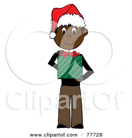 Royalty-Free (RF) Clipart Illustration of a Black Stick Boy Wearing A Santa Hat And Holding A Christmas Gift by Pams Clipart
