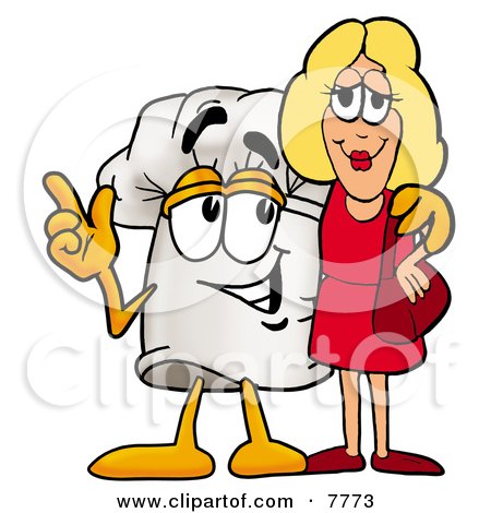 Clipart Picture of a Chefs Hat Mascot Cartoon Character Talking to a Pretty Blond Woman by Mascot Junction