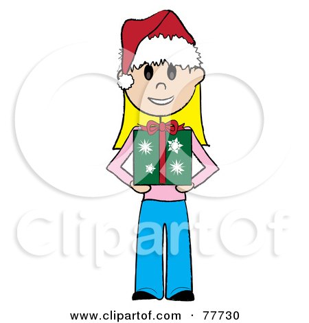 Royalty-Free (RF) Clipart Illustration of a Caucasian Stick Girl Wearing A Santa Hat And Holding A Christmas Gift by Pams Clipart