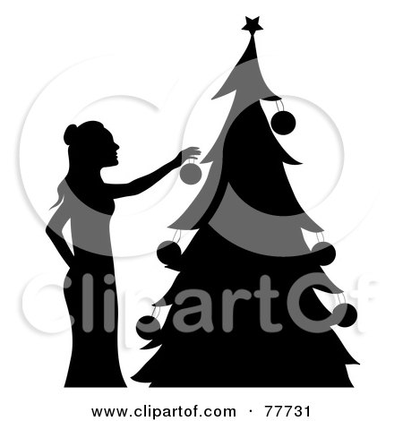 Royalty-Free (RF) Clipart Illustration of a Silhouette Of A Woman Hanging Ornaments On Her Christmas Tree by Pams Clipart