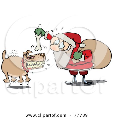 Royalty-Free (RF) Clipart Illustration of a Nervous Toon Santa Trying To Calm A Mad Dog With A Bone by gnurf