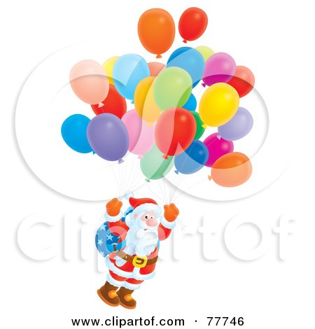 Royalty-Free (RF) Clipart Illustration of an Airbrushed Kris Kringle Floating With Balloons by Alex Bannykh