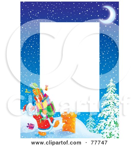Royalty-Free (RF) Clipart Illustration of a Vertical Christmas Border Of Santa Carrying Presents To A Chimney Around White Space by Alex Bannykh