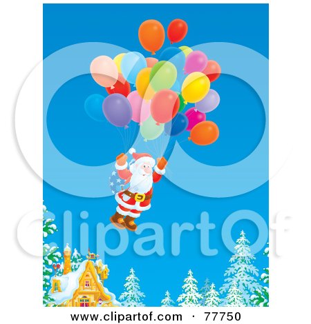 Royalty-Free (RF) Clipart Illustration of Santa Floating Away From A Cottage With A Cluster Of Balloons by Alex Bannykh