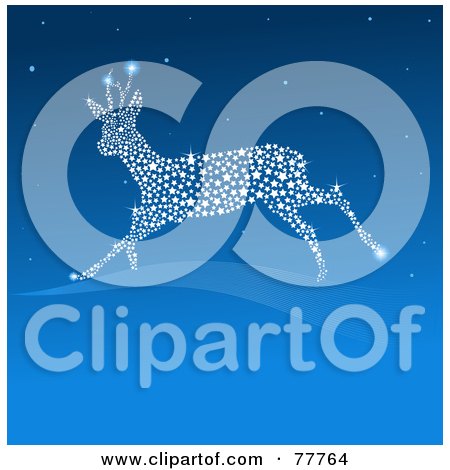 Royalty-Free (RF) Clipart Illustration of a Leaping Sparkly Reindeer Of Lights In A Blue Sky, With Text Space On Blue by Pushkin