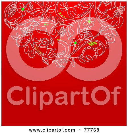 Royalty-Free (RF) Clipart Illustration of a Red Christmas Background With White And Green Floral Designs And Copyspace by Pushkin