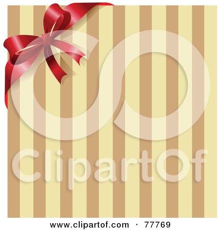 Royalty-Free (RF) Clipart Illustration of a Red Ribbon And Bow On The Corner Of A Brown And Tan Stripe Background by Pushkin