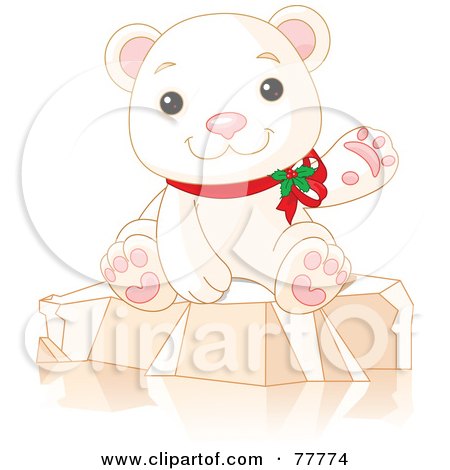 Royalty-Free (RF) Clipart Illustration of an Adorable Christmas Polar Bear Wearing Holly And Waving While Sitting On Ice by Pushkin