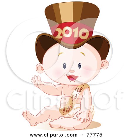 Royalty-Free (RF) Clipart Illustration of a Cute New Year's Baby Wearing A 2010 Hat And Waving by Pushkin
