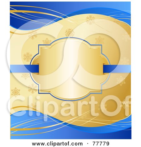 Royalty-Free (RF) Clipart Illustration of a Blank Golden Text Box Over A Gold Snowflake And Blue Wave Background by Pushkin