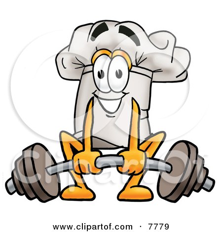 Clipart Picture of a Chefs Hat Mascot Cartoon Character Lifting a Heavy Barbell by Mascot Junction