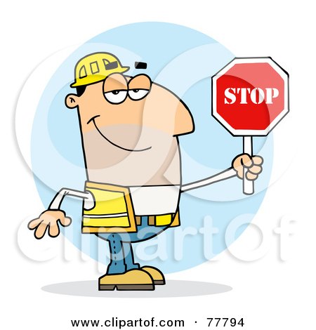 Royalty-Free (RF) Clipart Illustration of a Friendly Caucasian Traffic Director Man Holding A Stop Sign by Hit Toon