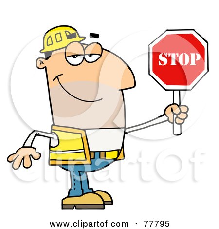 Royalty-Free (RF) Clipart Illustration of a Friendly Male Caucasian Traffic Director Holding A Stop Sign by Hit Toon