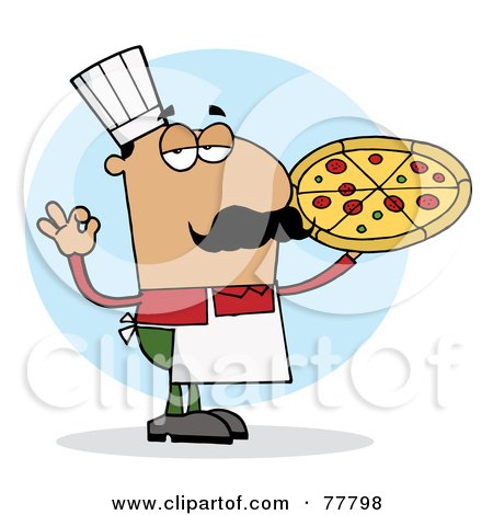 Royalty-Free (RF) Clipart Illustration of a Pleased Hispanic Pizza Chef Man With His Perfect Pie by Hit Toon
