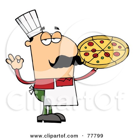 Royalty-Free (RF) Clipart Illustration of a Pleased Male Caucasian Pizza Chef With His Perfect Pie by Hit Toon