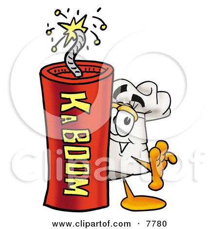 Clipart Picture of a Chefs Hat Mascot Cartoon Character Standing With a Lit Stick of Dynamite by Mascot Junction