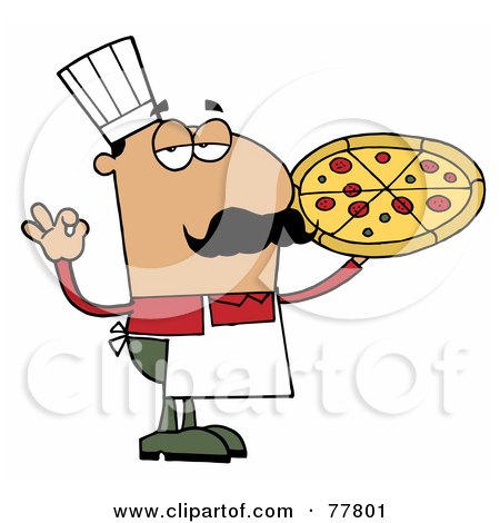 Royalty-Free (RF) Clipart Illustration of a Pleased Male Hispanic Pizza Chef With His Perfect Pie by Hit Toon