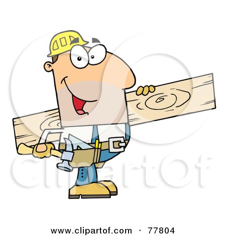 Royalty-Free (RF) Clipart Illustration of a Friendly Caucasian Construction Worker Carrying A Wood Board by Hit Toon