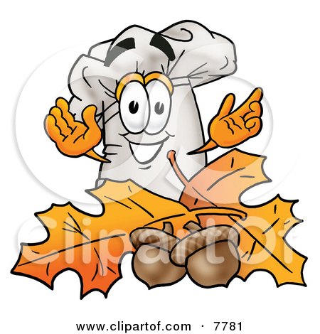 Clipart Picture of a Chefs Hat Mascot Cartoon Character With Autumn Leaves and Acorns in the Fall by Mascot Junction