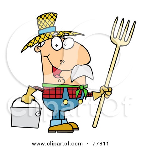 Royalty-Free (RF) Clipart Illustration of a Happy Caucasian Farmer Man Carrying A Rake And Pail by Hit Toon