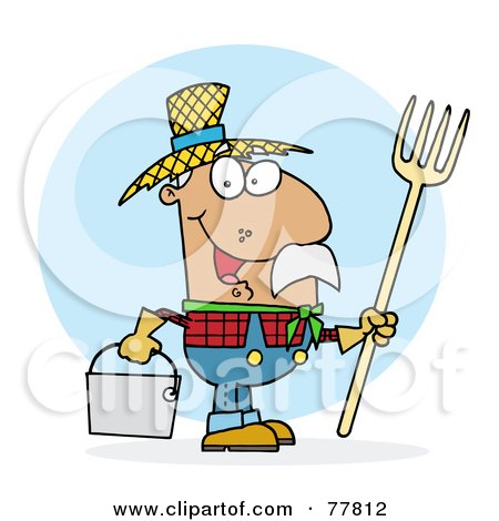 Royalty-Free (RF) Clipart Illustration of a Male Hispanic Farmer Carrying A Rake And Pail by Hit Toon