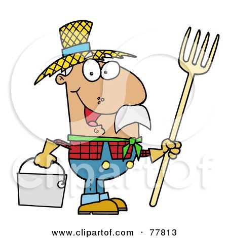 Royalty-Free (RF) Clipart Illustration of a Happy Hispanic Farmer Man Carrying A Rake And Pail by Hit Toon
