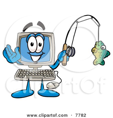 Clipart Picture of a Desktop Computer Mascot Cartoon Character Holding a Fish on a Fishing Pole by Mascot Junction