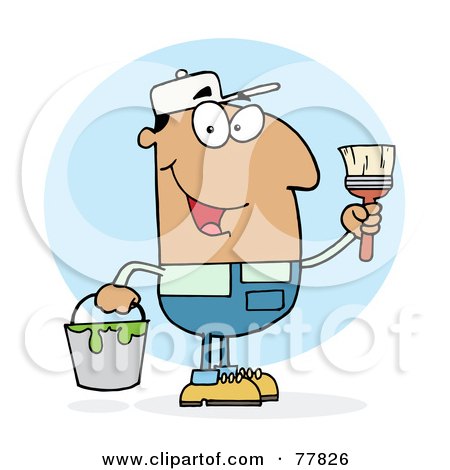 Royalty-Free (RF) Clipart Illustration of a Hispanic House Painter Man Holding A Pail And Paintbrush by Hit Toon