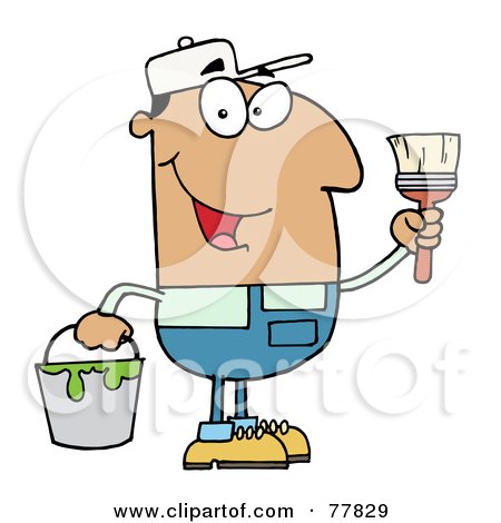 Royalty-Free (RF) Clipart Illustration of a Male Hispanic House Painter Holding A Pail And Paintbrush by Hit Toon