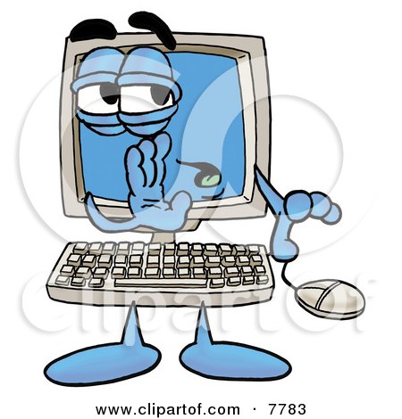 Clipart Picture of a Desktop Computer Mascot Cartoon Character Whispering and Gossiping by Mascot Junction