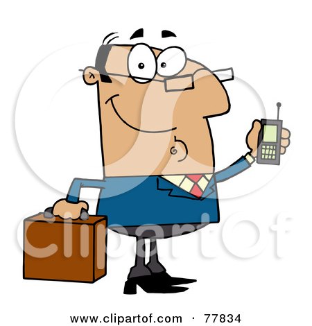 Royalty-Free (RF) Clipart Illustration of a Friendly Hispanic Businessman Holding A Briefcase And Cell Phone by Hit Toon