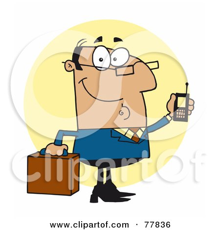 Royalty-Free (RF) Clipart Illustration of a Chatty Hispanic Businessman Holding A Briefcase And Cell Phone by Hit Toon