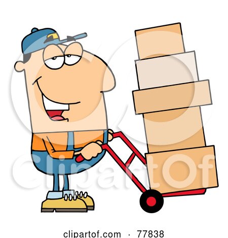 Royalty-Free (RF) Clipart Illustration of a Friendly Caucasian Delivery Man Using A Dolly To Move Boxes by Hit Toon