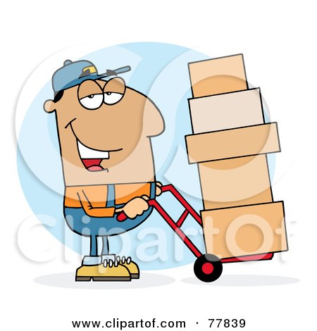 Royalty-Free (RF) Clipart Illustration of a Hispanic Delivery Guy Using A Dolly To Move Boxes by Hit Toon