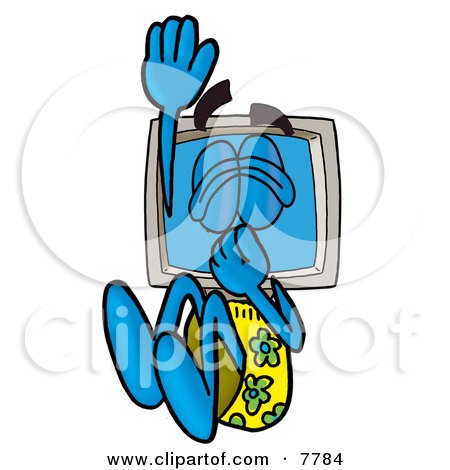 Clipart Picture of a Desktop Computer Mascot Cartoon Character Plugging His Nose While Jumping Into Water by Mascot Junction