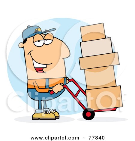 Royalty-Free (RF) Clipart Illustration of a Caucasian Delivery Guy Using A Dolly To Move Boxes by Hit Toon