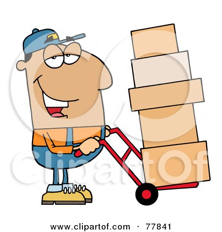 Royalty-Free (RF) Clipart Illustration of a Friendly Hispanic Delivery Man Using A Dolly To Move Boxes by Hit Toon