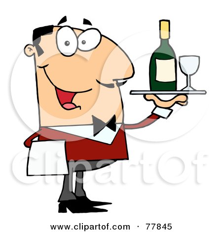 Royalty-Free (RF) Clipart Illustration of a Friendly Caucasian Male Butler Serving Wine by Hit Toon