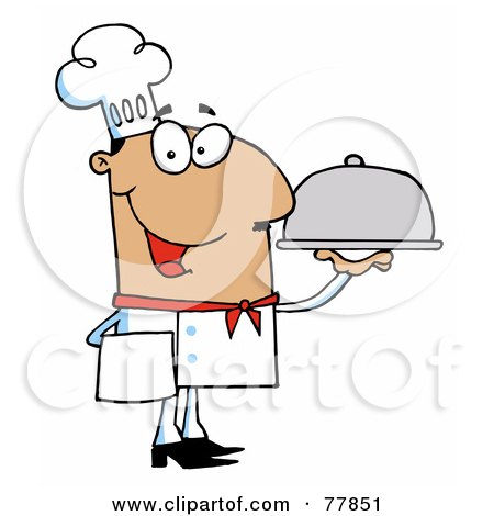 Royalty-Free (RF) Clipart Illustration of a Friendly Hispanic Male Chef Serving Food In A Sliver Platter by Hit Toon