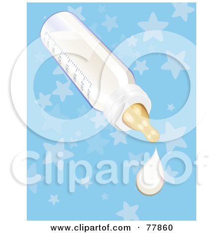 Royalty-Free (RF) Clipart Illustration of a Dripping Baby Formula Bottle Over A Blue Star Background by Oligo