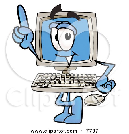 Clipart Picture of a Desktop Computer Mascot Cartoon Character Pointing Upwards by Mascot Junction