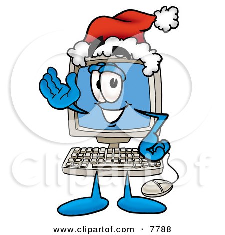 Clipart Picture of a Desktop Computer Mascot Cartoon Character Wearing a Santa Hat and Waving by Mascot Junction