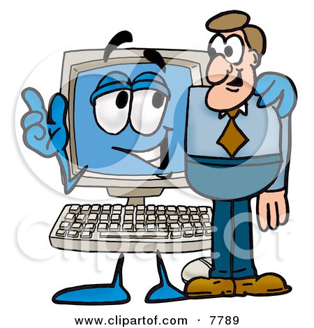 Clipart Picture of a Desktop Computer Mascot Cartoon Character Talking to a Business Man by Mascot Junction