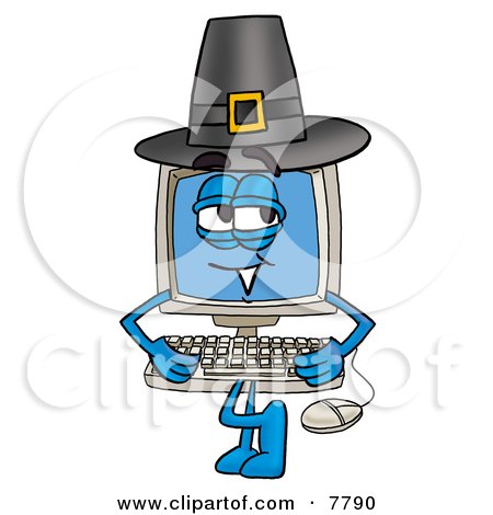 Clipart Picture of a Desktop Computer Mascot Cartoon Character Wearing a Pilgrim Hat on Thanksgiving by Mascot Junction