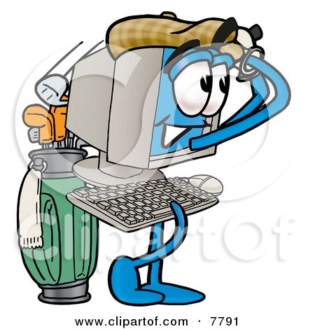 Clipart Picture of a Desktop Computer Mascot Cartoon Character Swinging His Golf Club While Golfing by Mascot Junction