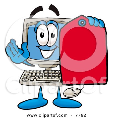 Clipart Picture of a Desktop Computer Mascot Cartoon Character Holding a Red Sales Price Tag by Mascot Junction