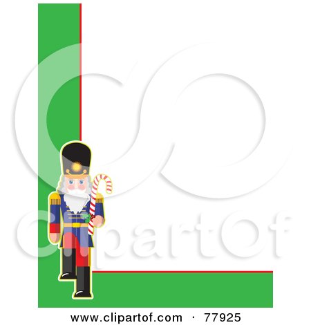 Royalty-Free (RF) Clipart Illustration of a White Background Bordered With Green And A Marching Toy Soldier by Maria Bell