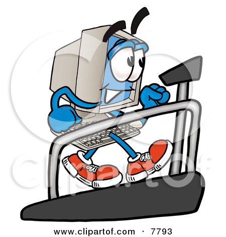Clipart Picture of a Desktop Computer Mascot Cartoon Character Walking on a Treadmill in a Fitness Gym by Mascot Junction