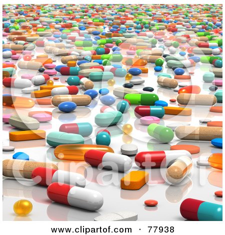 Royalty-Free (RF) Clipart Illustration of 3d Colorful Scattered And Mixed Pills On A White Counter by Tonis Pan