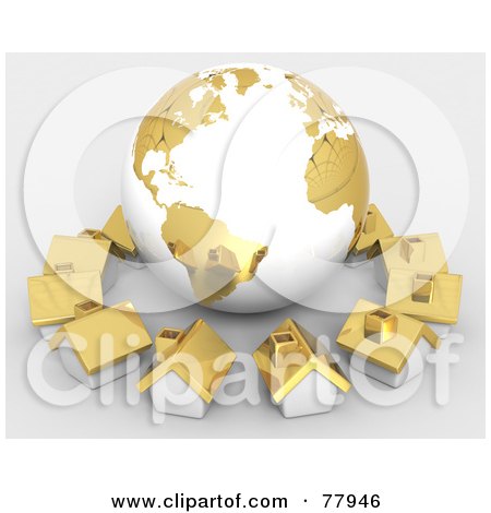 Royalty-Free (RF) Clipart Illustration of a 3d Gold Global Community Village Circling A Globe by Tonis Pan